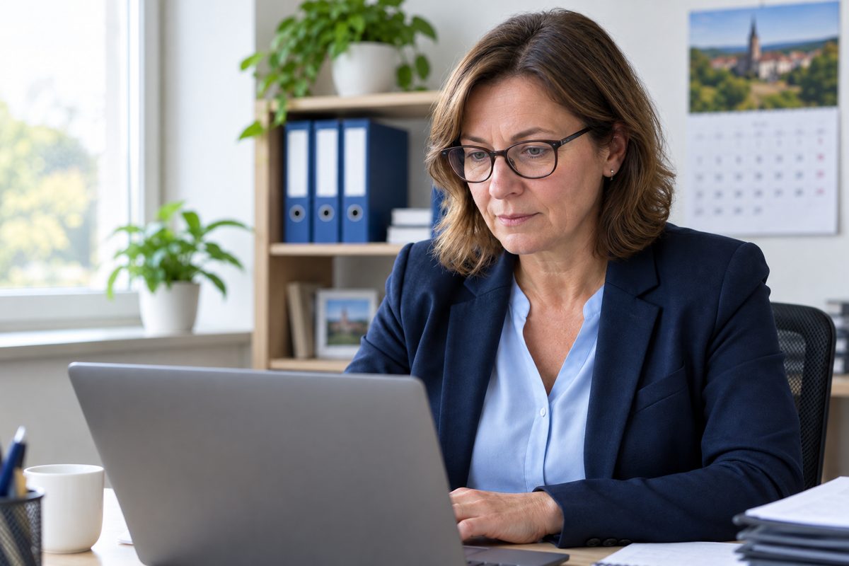 Pflegedienstleitung bei der Arbeit am Laptop im Büro